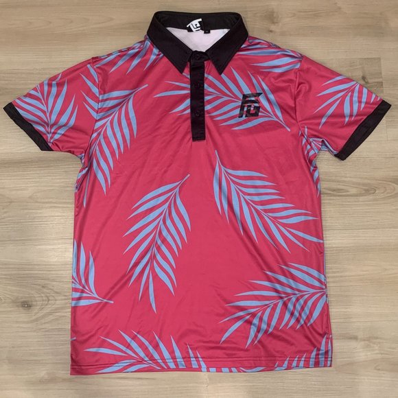 Flyte Golf Men's Medium Polo/Golf Shirt Fusia Colour with Palm Leaves Design - Picture 1 of 5
